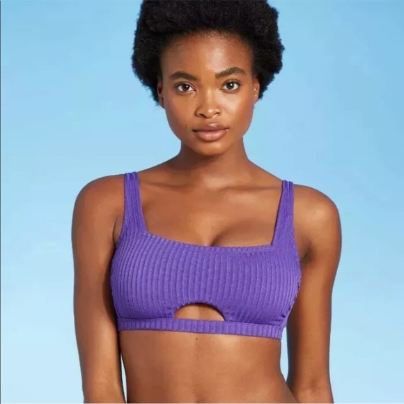 Juniors' Ribbed Front Cut Out Bralette Bikini Top - Picture 1 of 9